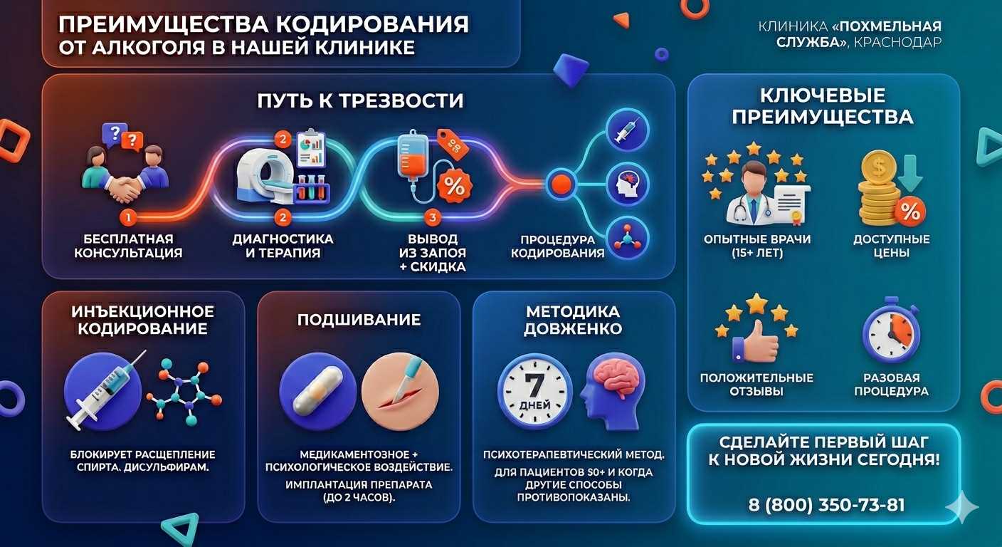 Инфографика о методах кодирования от алкоголя в Новом Девяткино: инъекции, подшивание, метод Довженко. Преимущества клиники и этапы лечения.