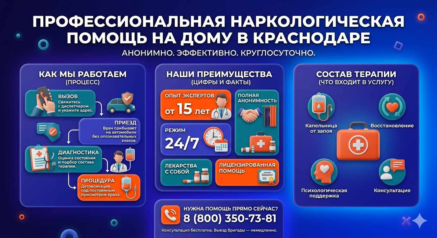 Инфографика о принципах лечения алкоголизма на дому в Новом Девяткино: этапы вызова нарколога, преимущества анонимной детоксикации и состав медицинской помощи.